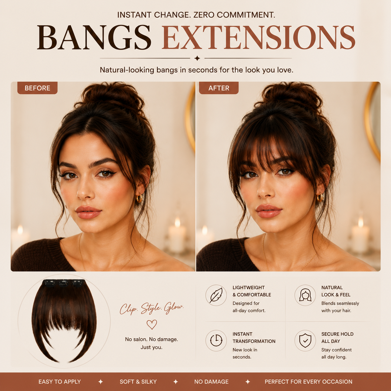 ✨ Clip-In Bangs Hair Extension – Instant Natural Hair Transformation