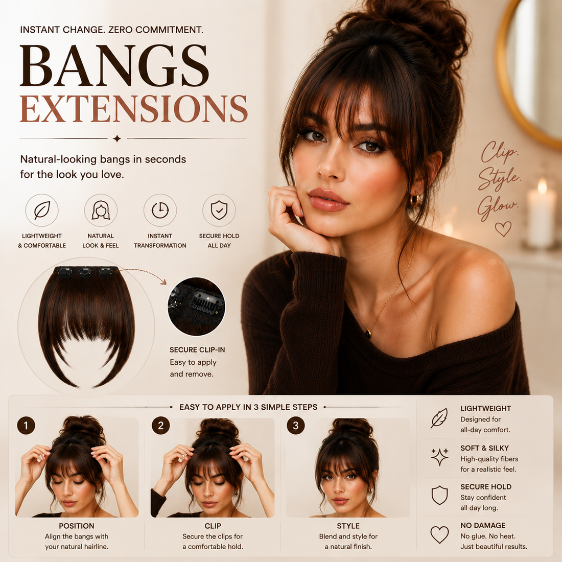 ✨ Clip-In Bangs Hair Extension – Instant Natural Hair Transformation