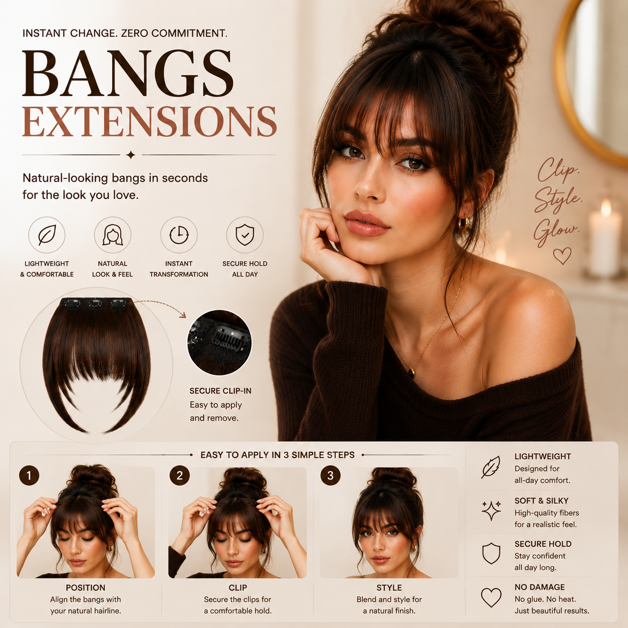 ✨ Clip-In Bangs Hair Extension – Instant Natural Hair Transformation