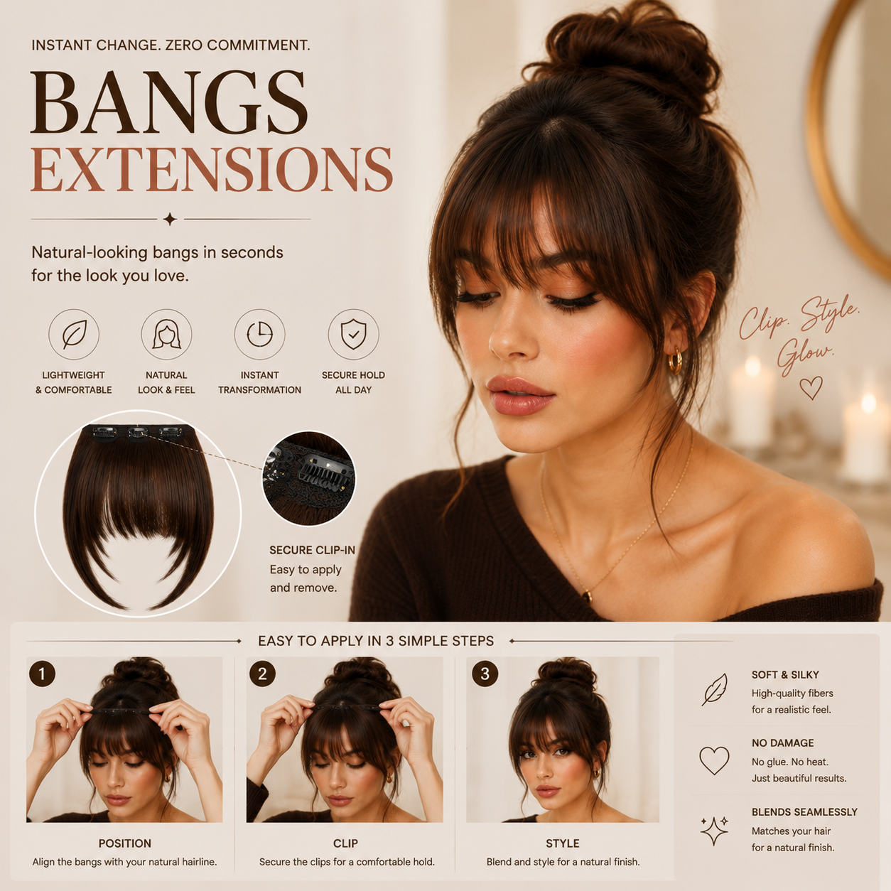 ✨ Clip-In Bangs Hair Extension – Instant Natural Hair Transformation